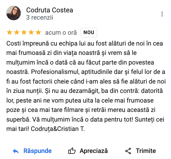 Recenzie fotograf nunta - Mulțumire pentru profesionalism și capturarea celor mai frumoase momente din ziua nunții Codruței și a lui Cristian