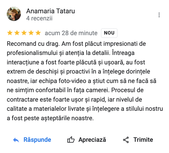 Recenzie fotograf nunta - Recomandare Anamaria Tataru pentru servicii foto-video la nuntă