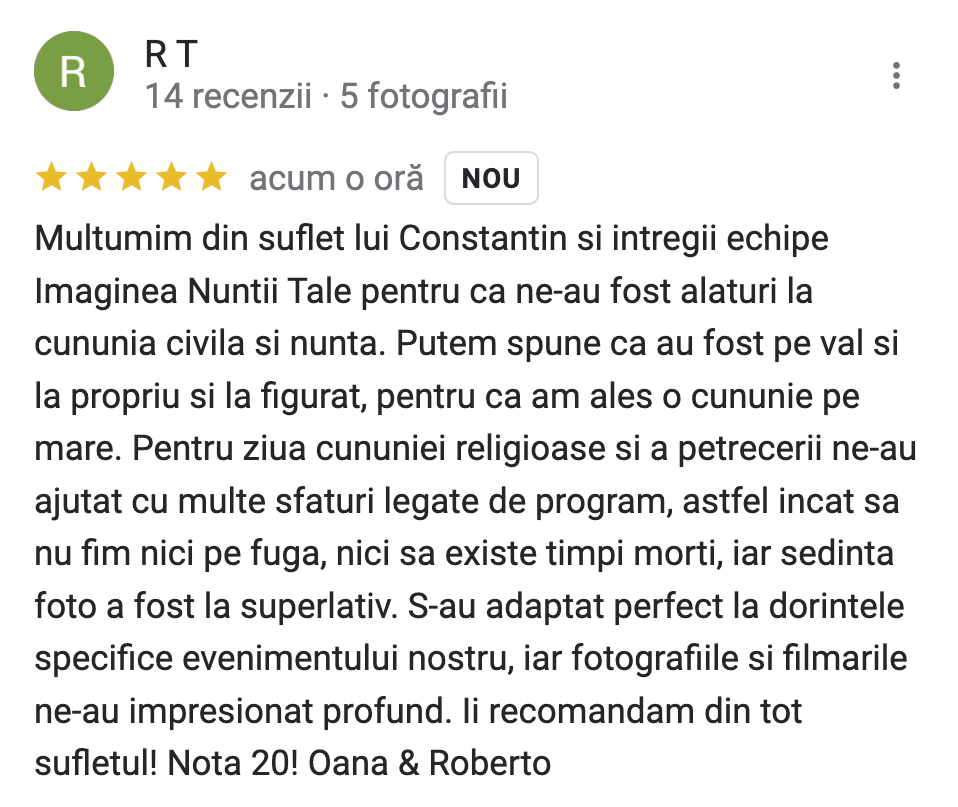 Recenzie pozitivă a unui cuplu fericit, Oana și Roberto, despre serviciile foto și video de nuntă oferite de echipa Imaginea Nunții Tale.